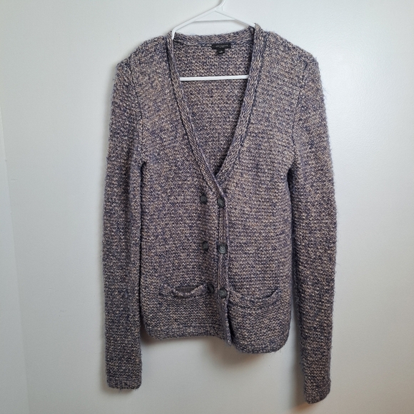 Ann Taylor Knit Grey Cream Merino Wool Alpaca Mohair Sweater Cardigan Size Small - Picture 2 of 8